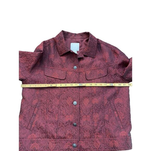 J Jill Red Floral Print Jaquard Embossed Button Front Trucker Jacket Size Medium - Picture 4 of 6